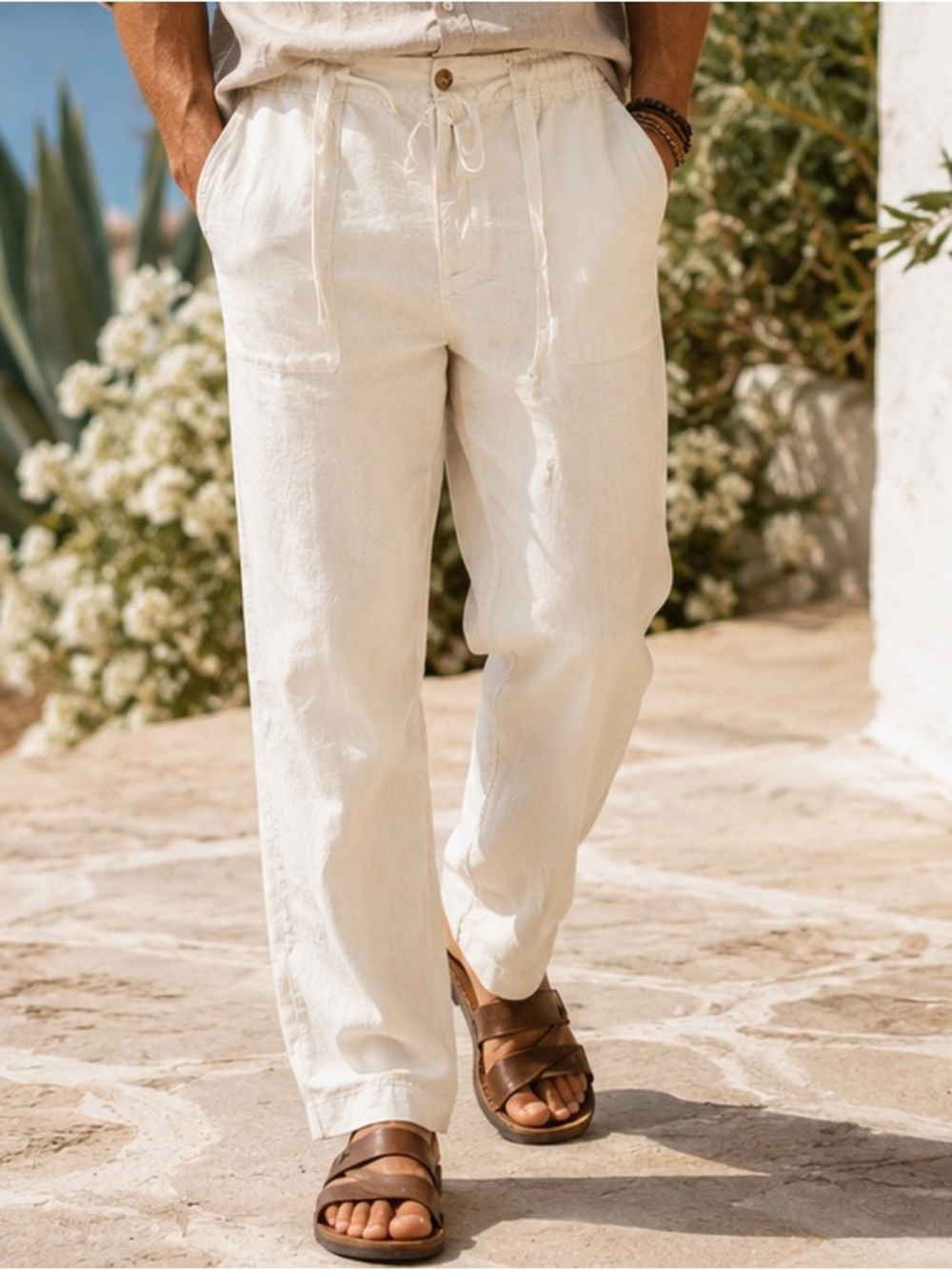 Linen Blend Drawstring Pants Ivory Relaxed Straight Leg NIP Size 36x31